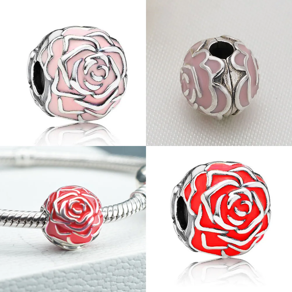 

Popular 925 Solid Silver Beads Pink And Red Rose Flower Clip Enamel Charms Fit Pandora Original Bracelet Women DIY Jewelry Gift