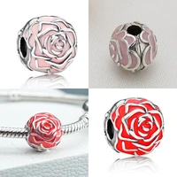 popular 925 solid silver beads pink and red rose flower clip enamel charms fit pandora original bracelet women diy jewelry gift