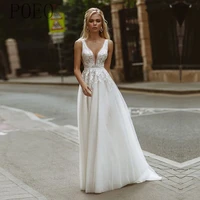poeo simple boho wedding dresses v neck appliques lace pearl a line tulle wedding gown beach bridal dress bestidos de novia 2022