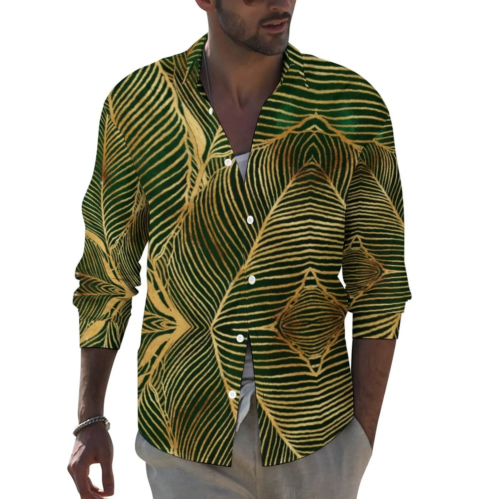 

Gold Leaves Forest Shirt Autumn Green Elegant Casual Shirts Mens Vintage Blouses Long Sleeve Graphic Harajuku Clothes Large Size