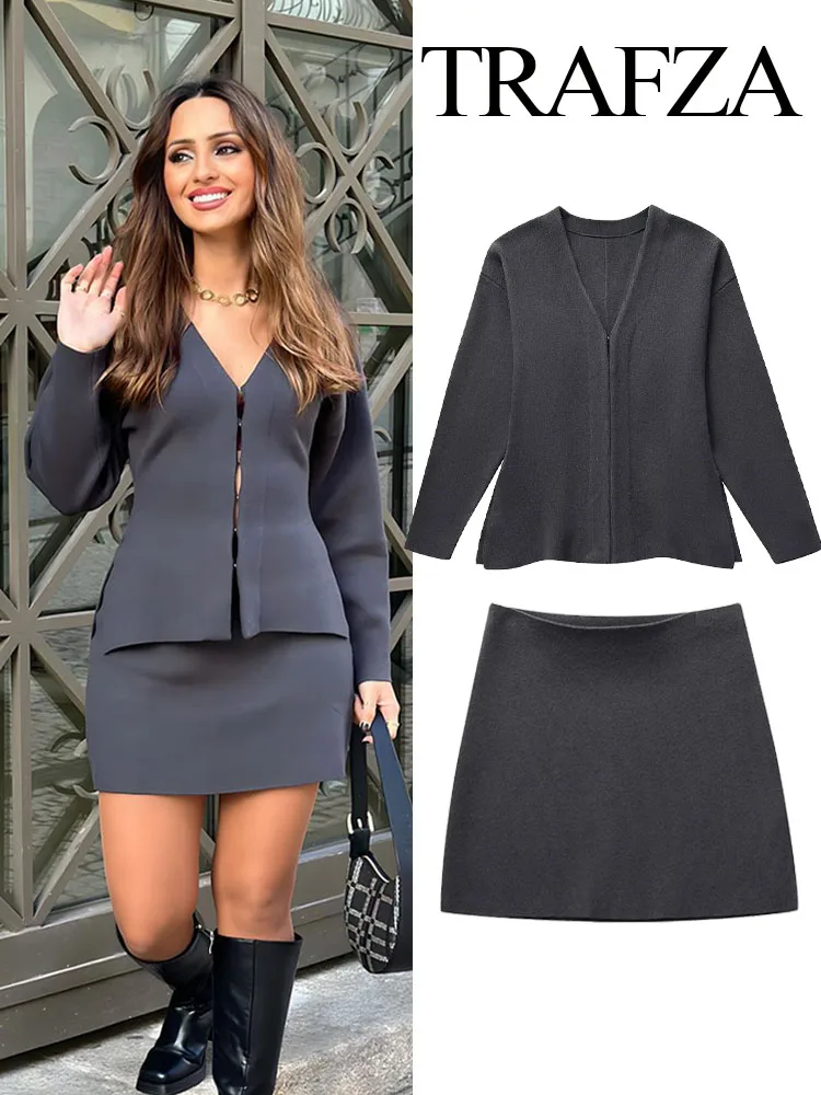 

TRAFZA Women Autumn Skirt Suits Solid V-Neck Long Sleeves Covered Button Cardigan+High Waist Knitted Mini Skirts Female Sets