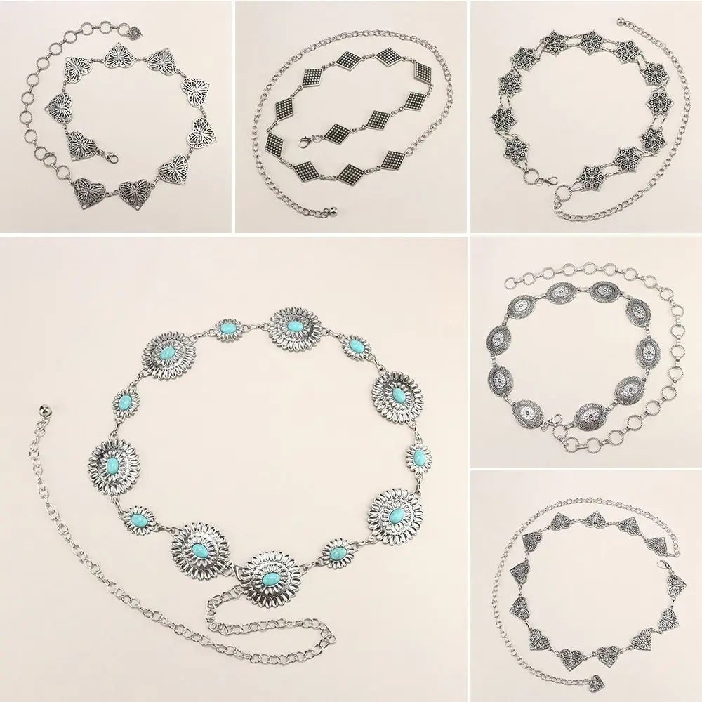 

Skinny Adjustable Waist Chain Belt Metal Boho Western Cowgirl Belts Silver Decorated Waist Belt for Dresses/Jeans/Sweater