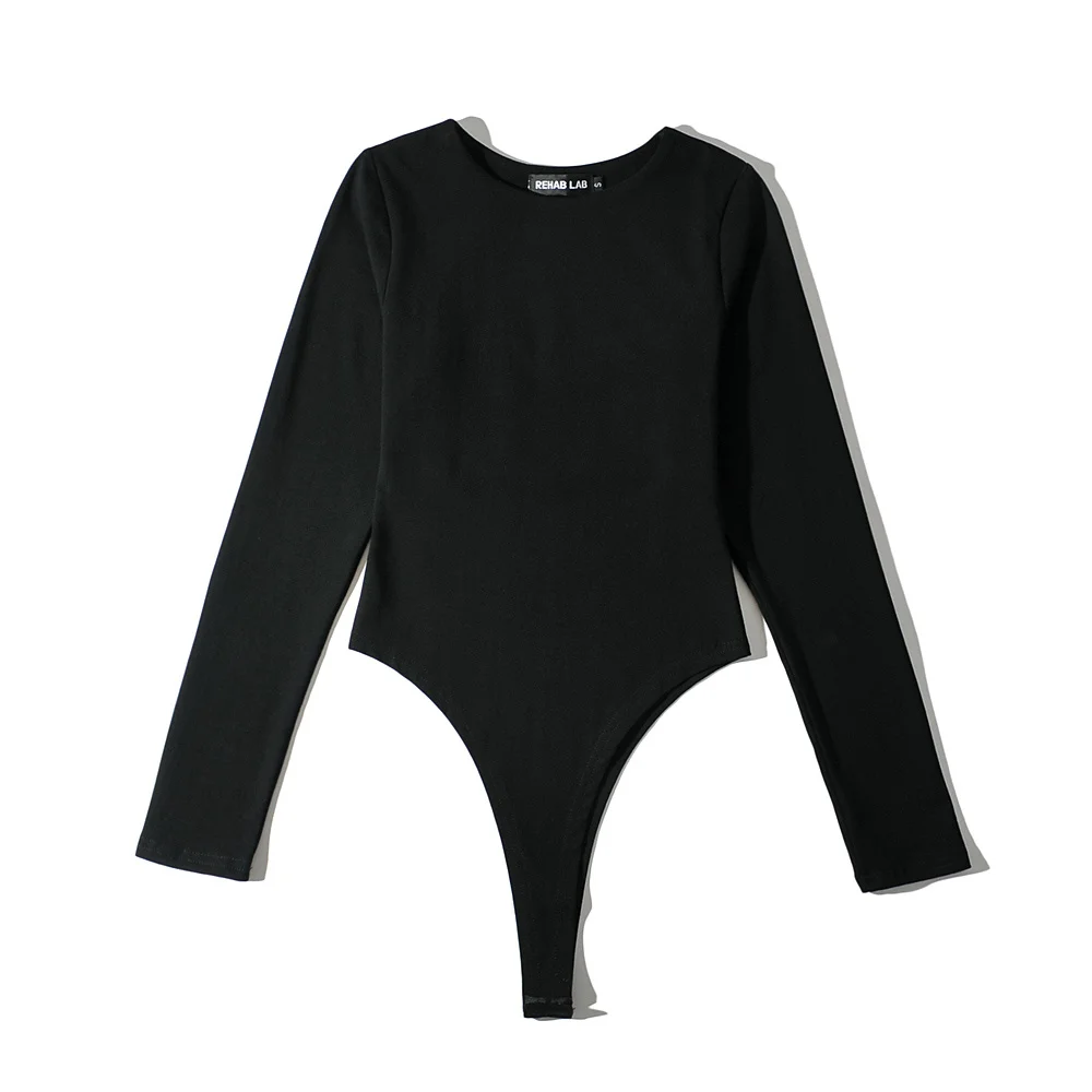 Dave&Di Ins Fashion Blogger High Street Retro O-neck Sheath Long Sleeve Elastic Solid Sexy Bodysuits Women Tops