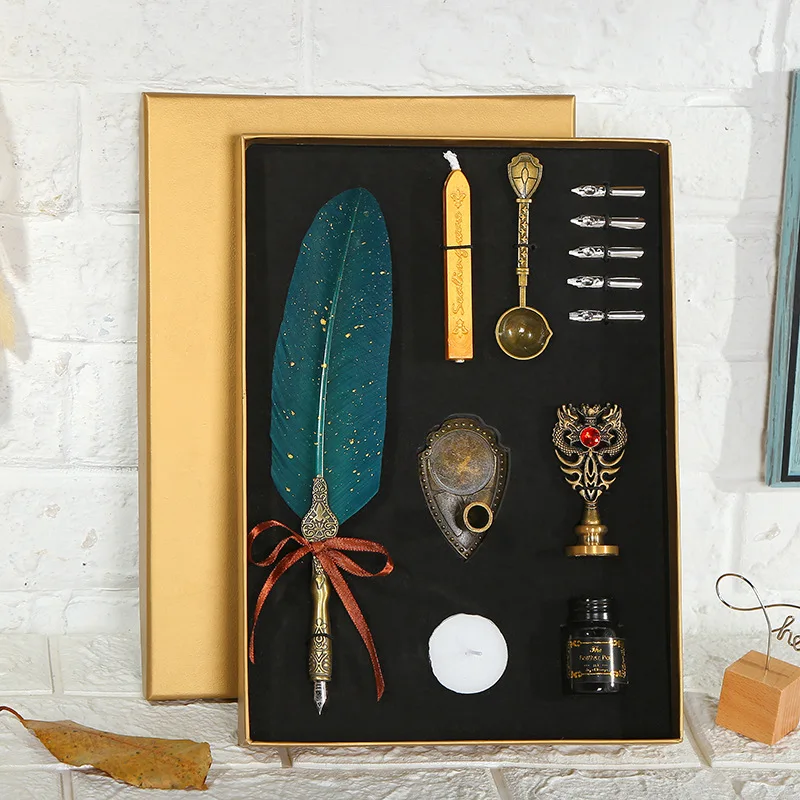 

Luxury Fountain Pen Set Vintage Sprinkling Gold Feather Pen Ink Bottle Calligraphy Writing Dip Pen Birthday Gift Box 5 Nib Quill