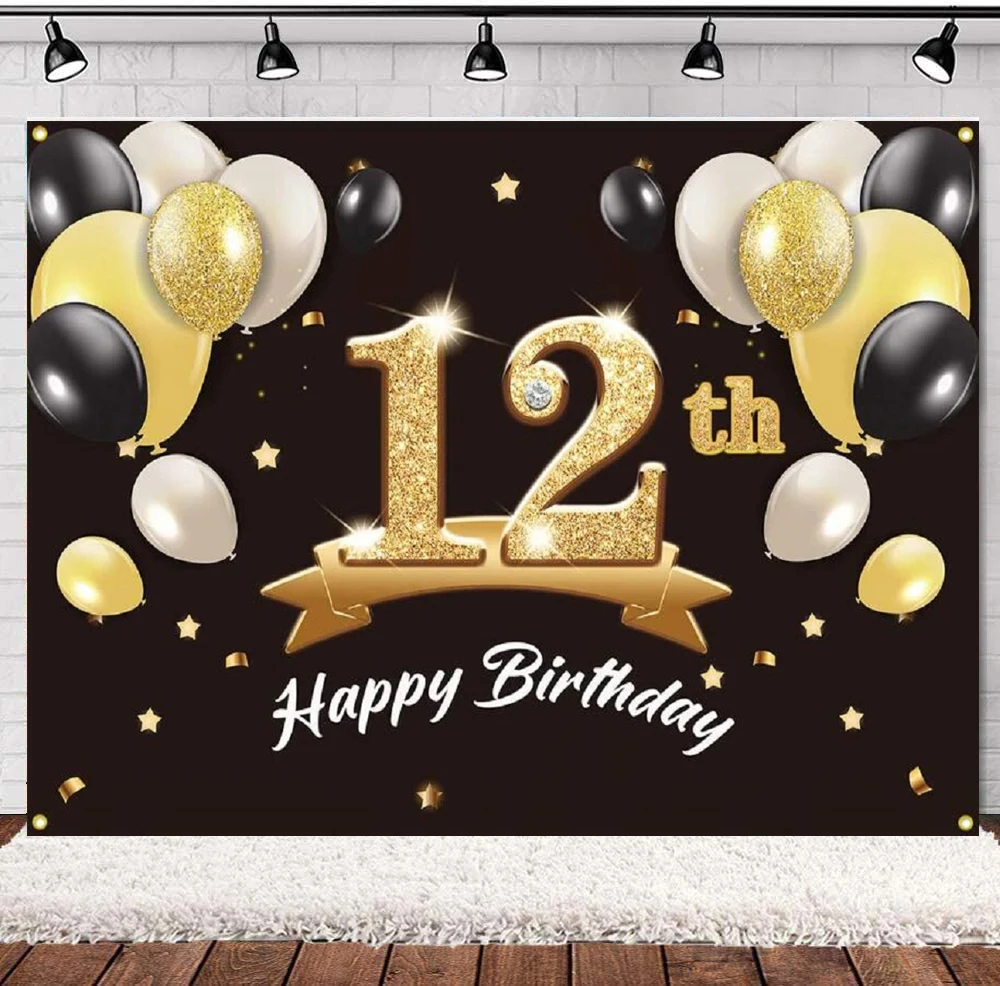 

Photography Backdrop Happy 12 Birthday Party Background Banner Decorations Supplies For Boys - Black Gold Poster Balloons