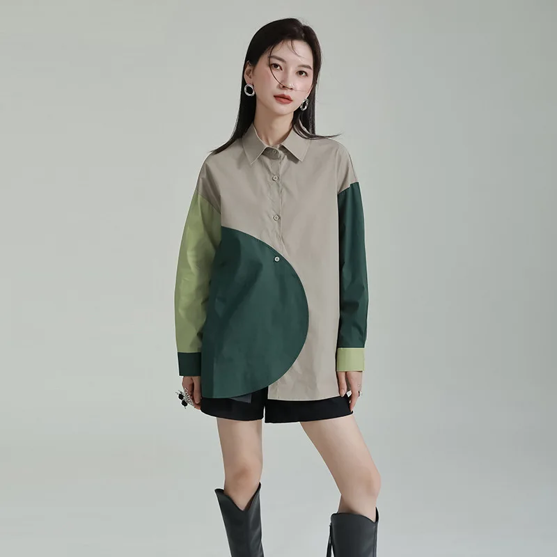 

Zhongchuang Rizhen 2023 spring new design sense loose thin shirt women's niche irregular contrast shirt