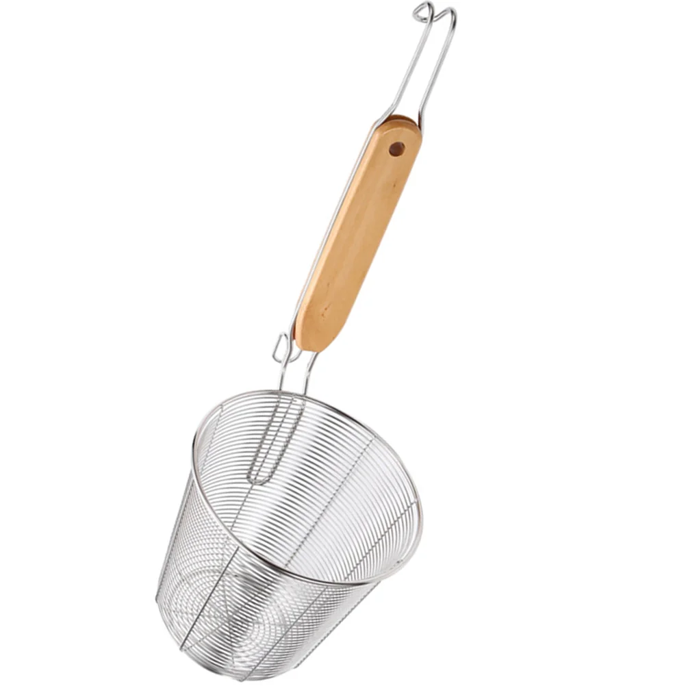 

Pasta Basket Noodle Strainer Stainless Steel Mesh Strainer with Wood Handle