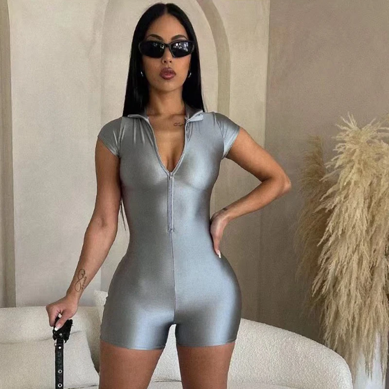 

Summer Women Zip-up Short-Sleeved Back Jumpsuit Slim-Fit Sports Plus Size Playsuits Hot Girls Sexy Clubwear Rave Outfits