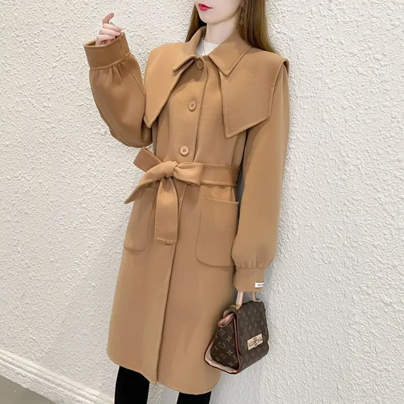 

2021 Fashion New Double Faced Tweed with Belt Long Sleeve Black Cashmere Coat Women's Medium Long Hepburn 100% Wool Coat