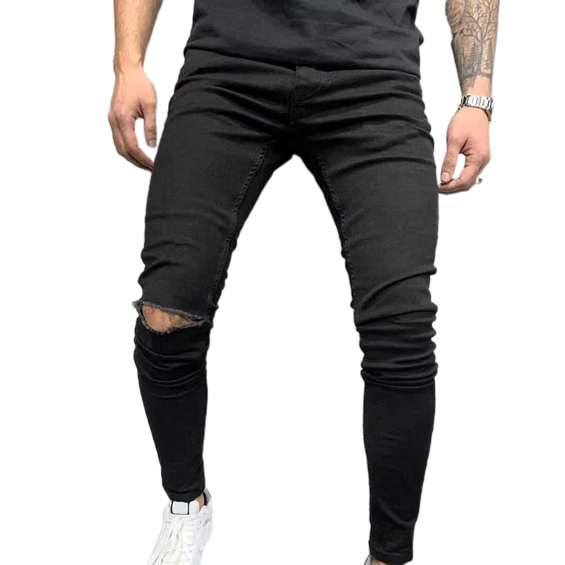 Men's Elastic Tight Fit Jeans Pants Streetwear Holes High Waisted Zipper Pencil Pants Summer 2023 Newhigh Quality Black Trousers