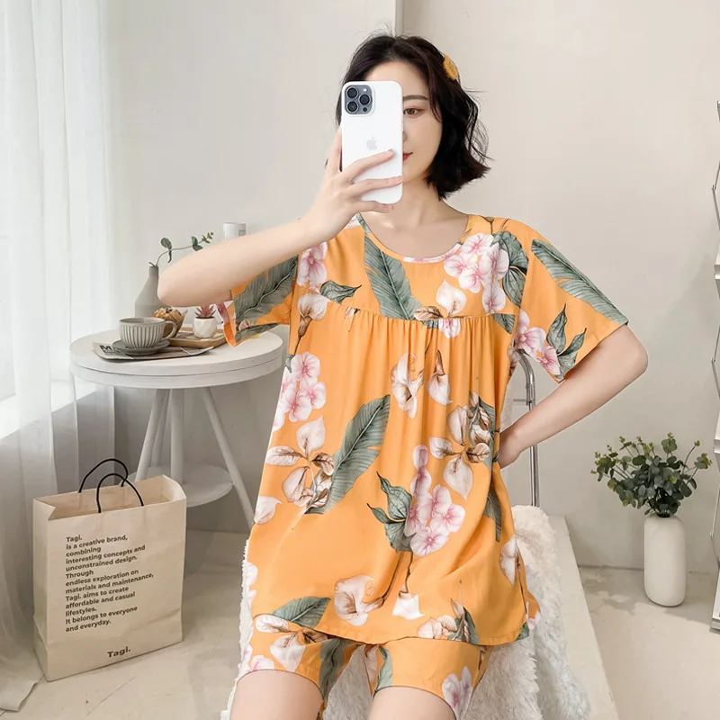 

Cotton Shirt Shorts Homewear Big Size Nightwear Women Short Sleeve Pajamas Flower Print Sleepwear Summer Cardigan Home Clothing