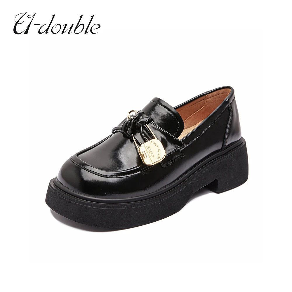 

U-DOUBLE Fashion Women Platform Genuine Leather Pumps Shoes New 2022 Casual Loafers Thick-Soled Metal Buckle Office Lady British