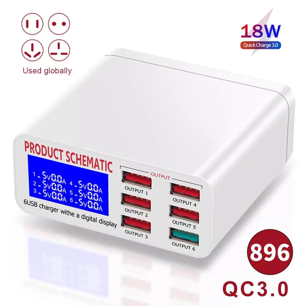 

NEW QC3.0 USB Charger with LCD Display 6 Ports Desktop Mobile Phone Charger Smart Fast Charging for Smart Phones Tablet PC