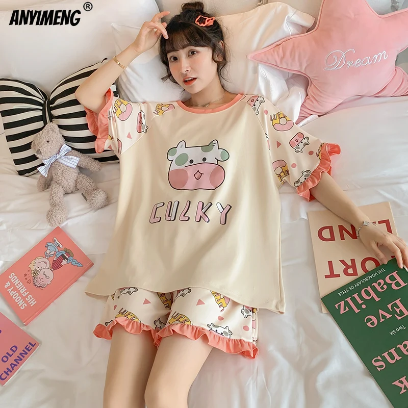 Plus Size Womens Pajamas M-5XL Summer Shorts Sleepwear Leisure Womans New Big Size Ladies Cute Cartoon Printing Pyjama Home Suit