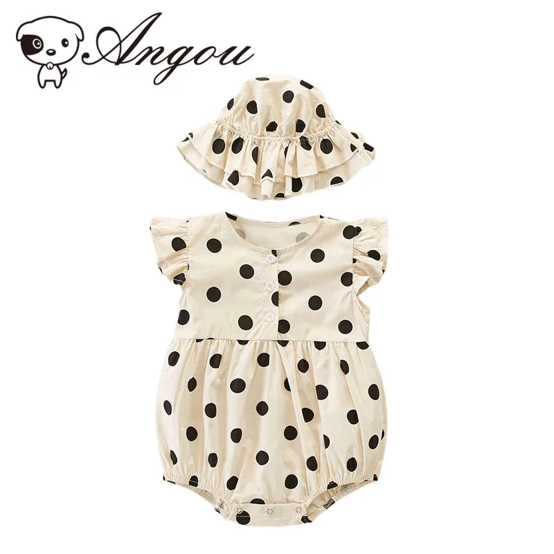 

Angou 2022 Newborn Baby Girl Jumpsuit Dot Printed Romper+Hat 2PCS Short Flying Sleeves Jumpsuit Infant Baby Girl Summer Costume
