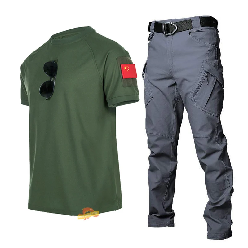 

New Summer Thin Men's Sports Sets 2 Piece Casual Breathable Short-sleeve T-Shirt+trousers Quick Dry Tactical Suit Male Tracksuit