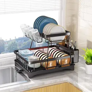 2 Tiers Dish Rack with Drip Tray Kitchen Bowl Drainer Storage Rack With  Chopstick Cage Kitchen Counter Organizer Rack - AliExpress