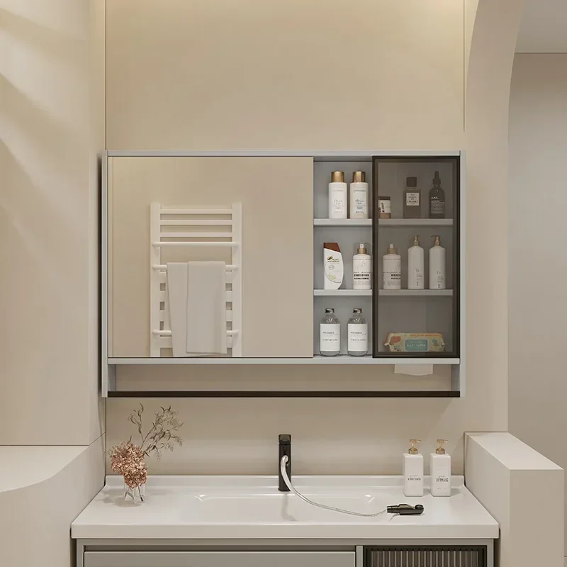 Фото Современный умный настенный шкаф для ванной комнаты с подсветкой, противотуманный зеркальный шкаф для ванной, простая мебель для ванной комнаты Mueble De Baño FYBC №2