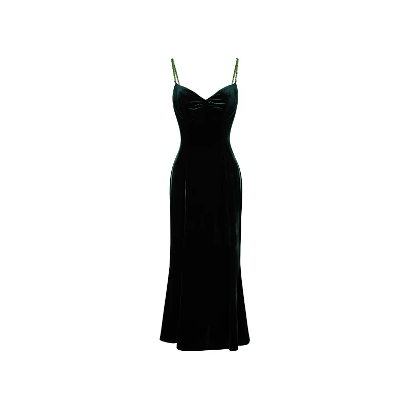 

Emerald Velvet Spaghetti Straps Bottoming Dress Spring/Summer 2022 New French Style Retro Mid-Length Dress Women's
