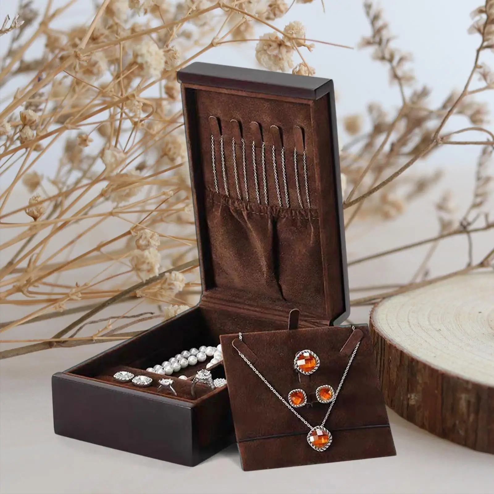 

Double Layer Wood Jewelry Storage Box Necklace Studs Display Holder Gift