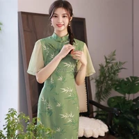 chinese slim fit qipao elegant women cheongsam dress folk style traditional bamboo pringting green qipao elegant party dress
