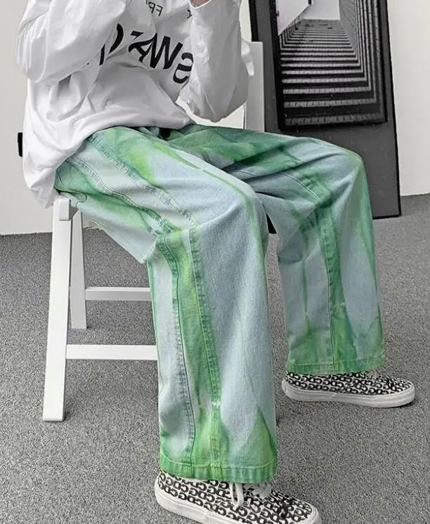 Jeans Men Tie Dye Print Denim Pants Baggy Elastic Waist Straight Trousers High Street Punk Cool Green Jeans