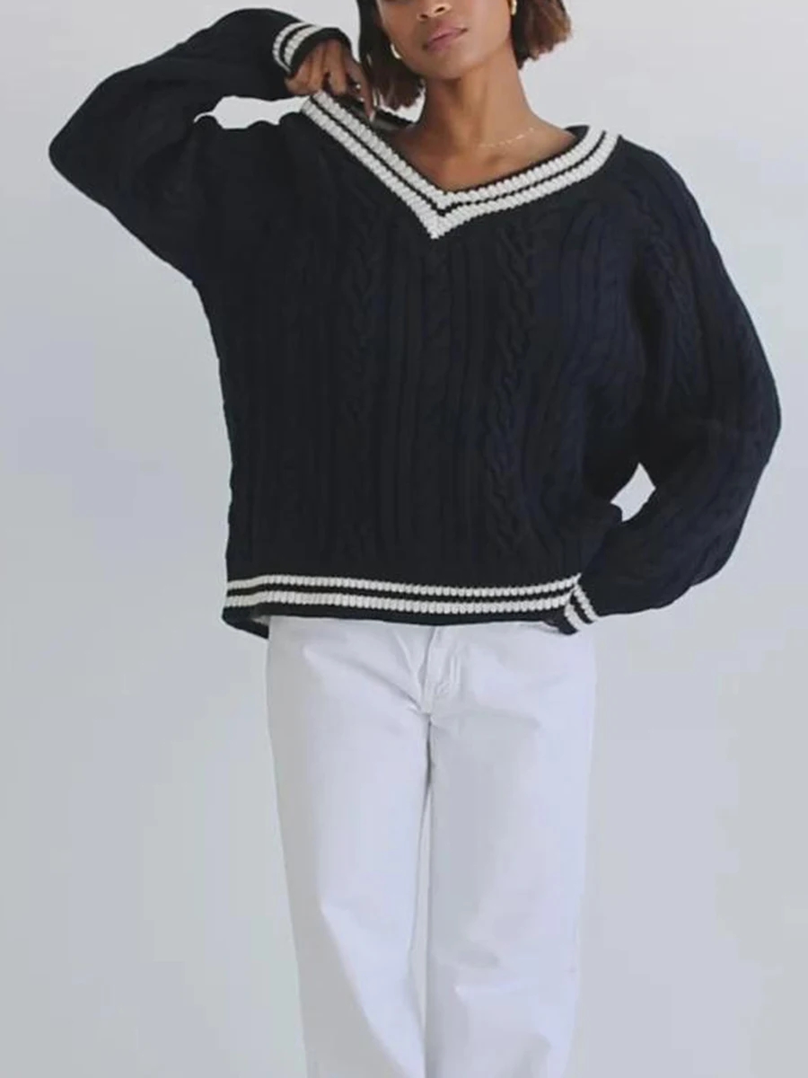 Женский вязаный свитер с контрастной отделкой пуловер V-образным вырезом и