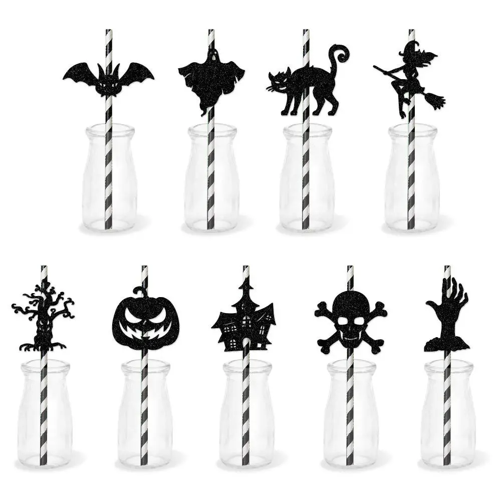 

Cute Halloween Black Straw Cartoon Black Cat Witch Castle Halloween Pumpkin Straw Happy 2023 Halloween Party Supplies Kids Favor