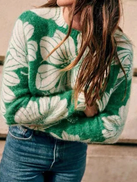 

Flower Pattern Long Sleeves O-neck Knitted Sweaters Women Autumn Pullovers Top Fashion Casual Cozy Street Female Tops 2022 New