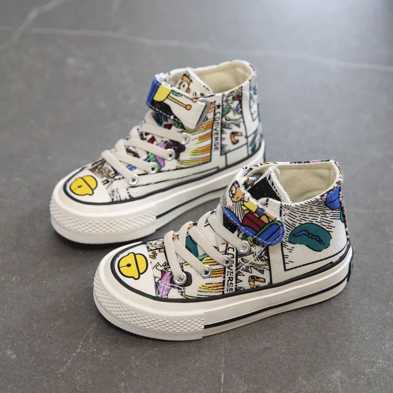 

Doraemon High top graffiti children's canvas shoes 2021 high top new lazy Velcro hand-painted Korean single shoes for boys girls