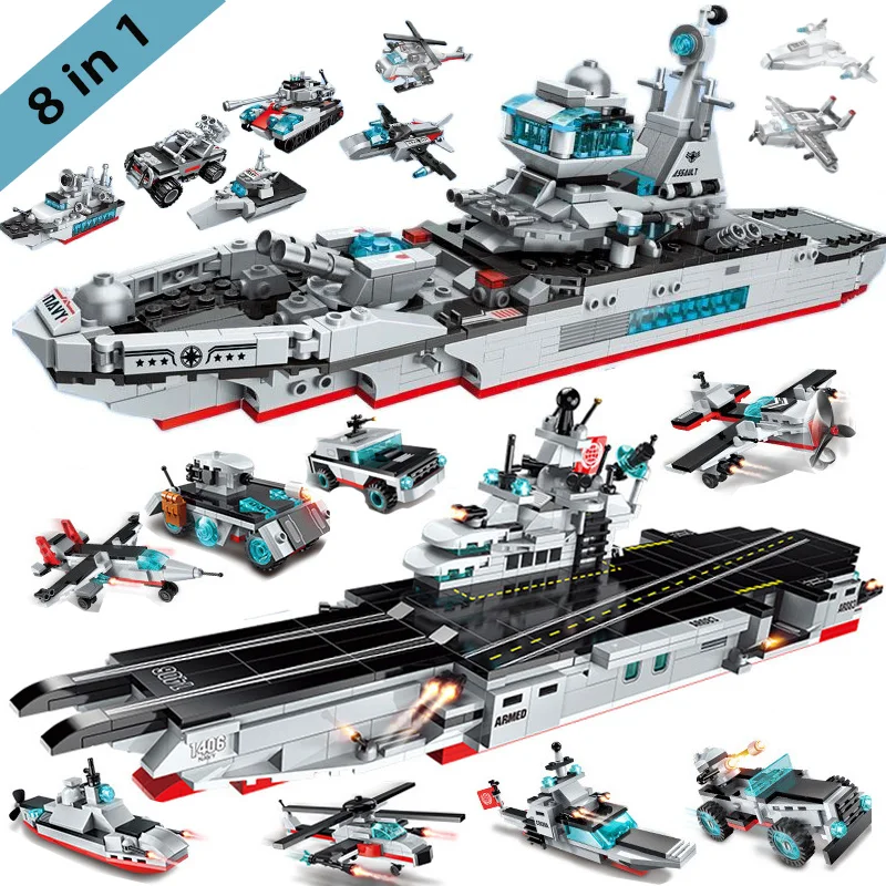 

8 In 1 Military Warship Navy Aircraft Army Figures Building Blocks Army Warship Construction Bricks Toys For Children 600+ PCS