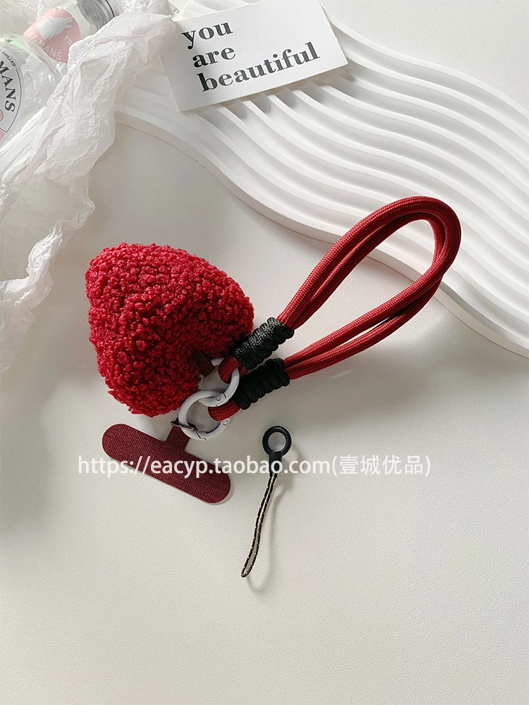 Wine Red Plush Love Nylon Mobile Phone Lanyard Short Portable Creative Clip Charm Shatter-resistant Wrist Pendant