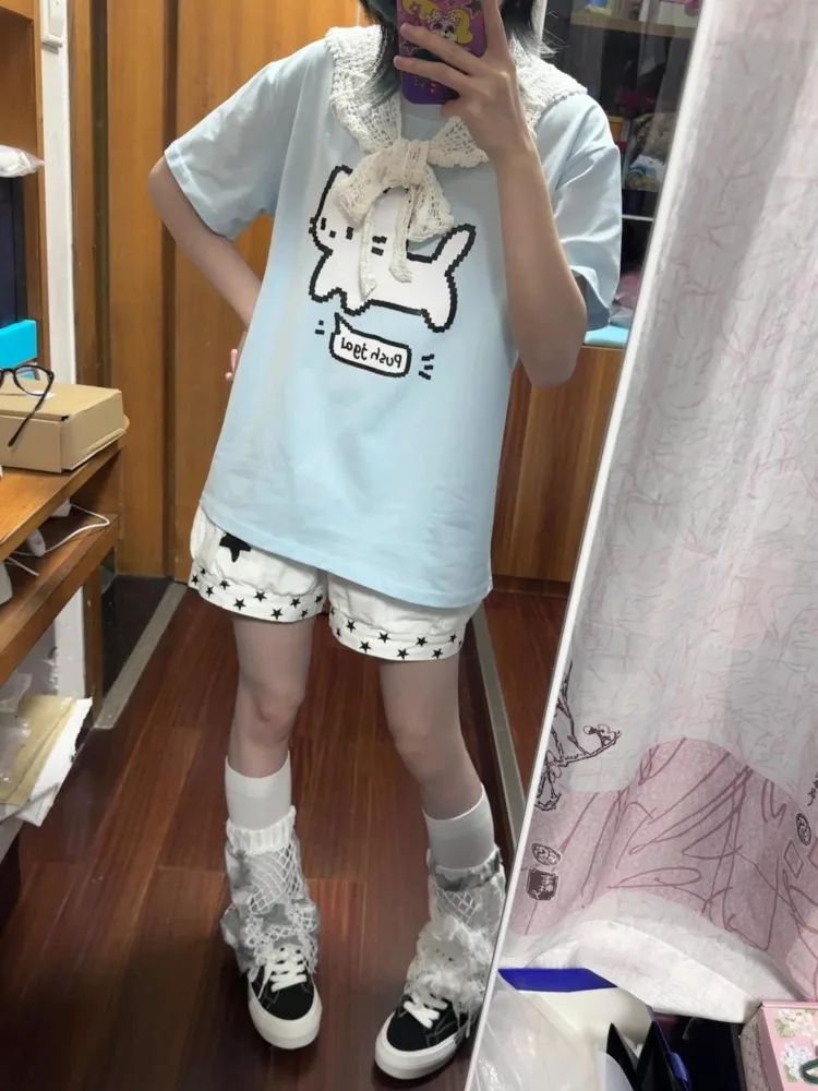 Фото Женские синие футболки HOUZHOU Harajuku Kawaii с принтом кошки, с коротким рукавом, оверсайз, в японском стиле, хлопковые футболки Juminocore №1