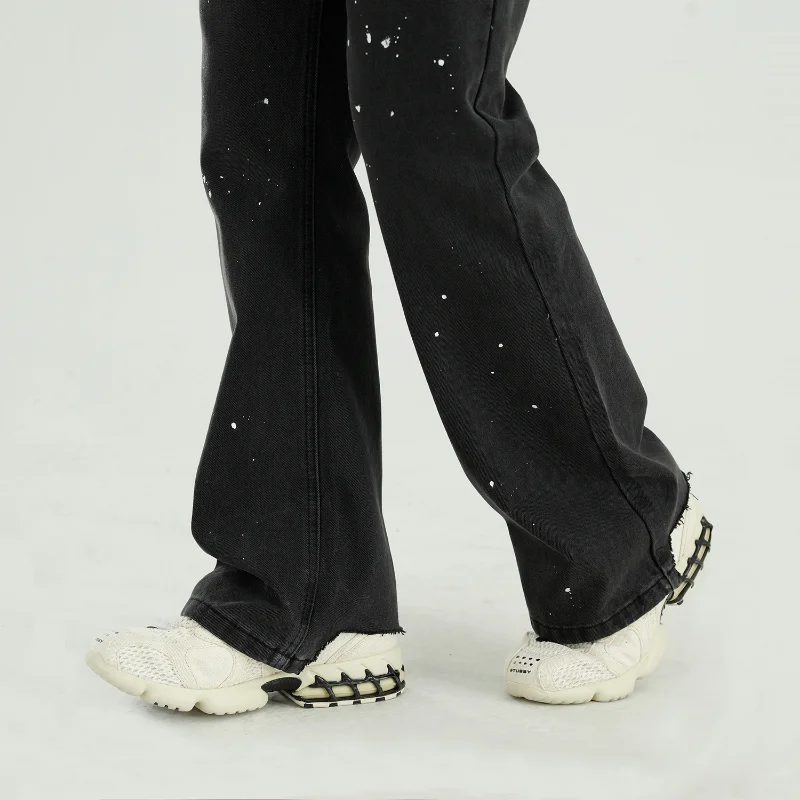 Men Black Gray Jeans Retro Wash Personalized Splash-ink Micro-ram Hem Korean Straight Jeans