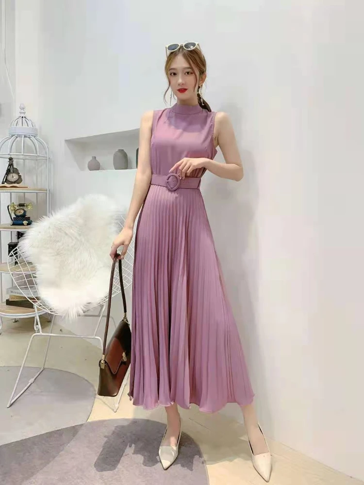 

Женское плиссированное платье с поясом, длинное облегающее платье-трапеция без рукавов и с воротником-стойкой, В южнокорейском стиле, лето ...