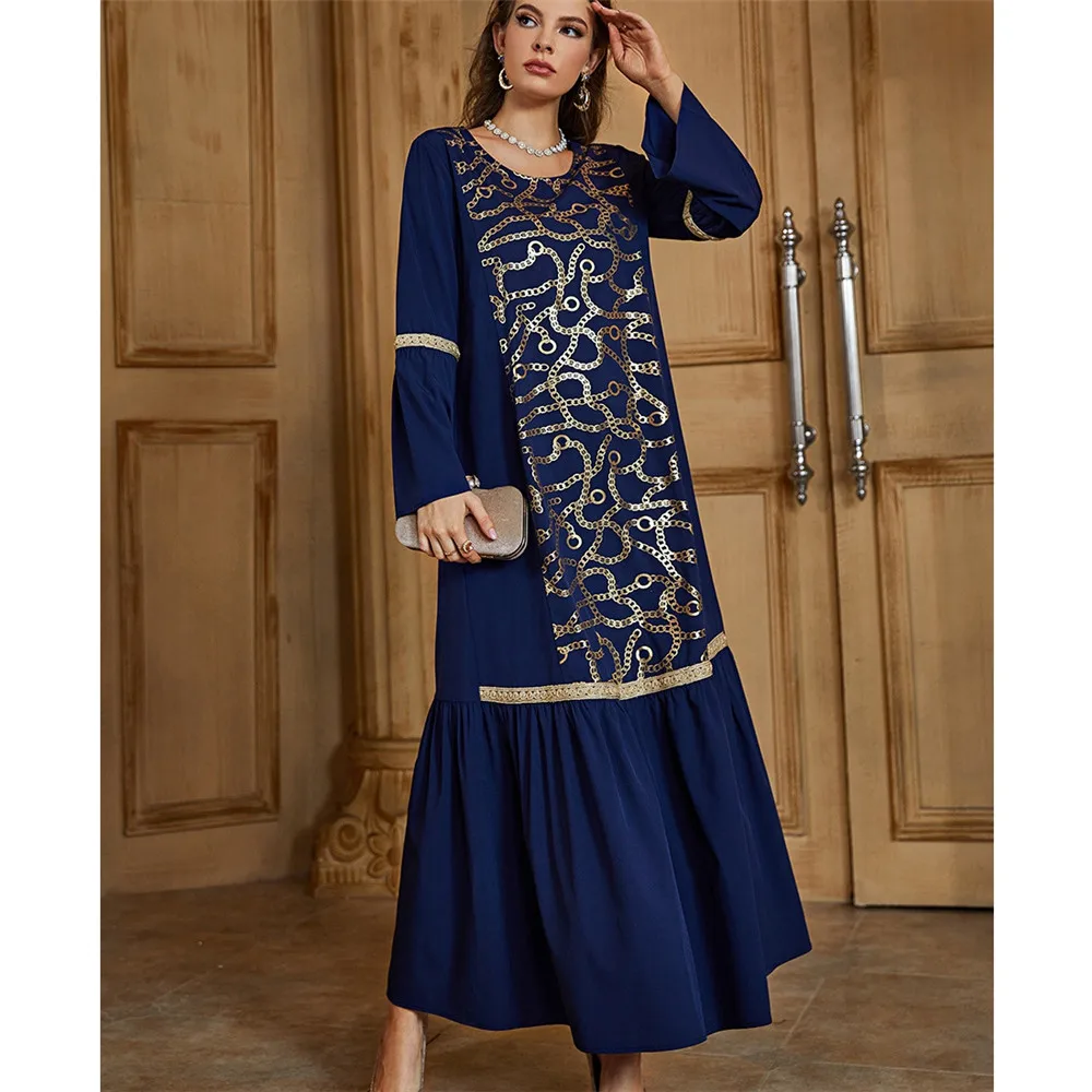 Мусульманское синее универсальное свободное винтажное длинное платье с блестками и вышивкой, абайя, Арабская, Ближний Восток, этнический с...