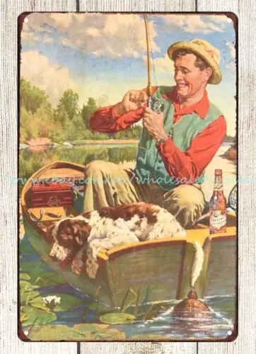 Деревенский домашний декор Falstaff пиво Рыбалка собака лодка металлический