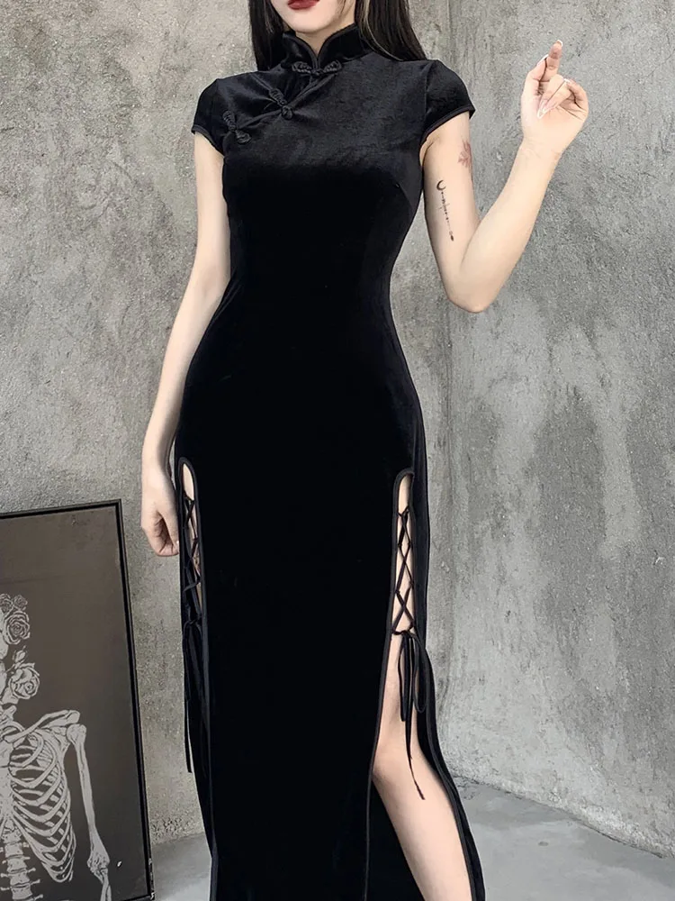 

Романтичные готические бархатные эстетические платья, винтажное женское черное Бандажное облегающее платье, сексуальная вечерняя одежда, чонсам