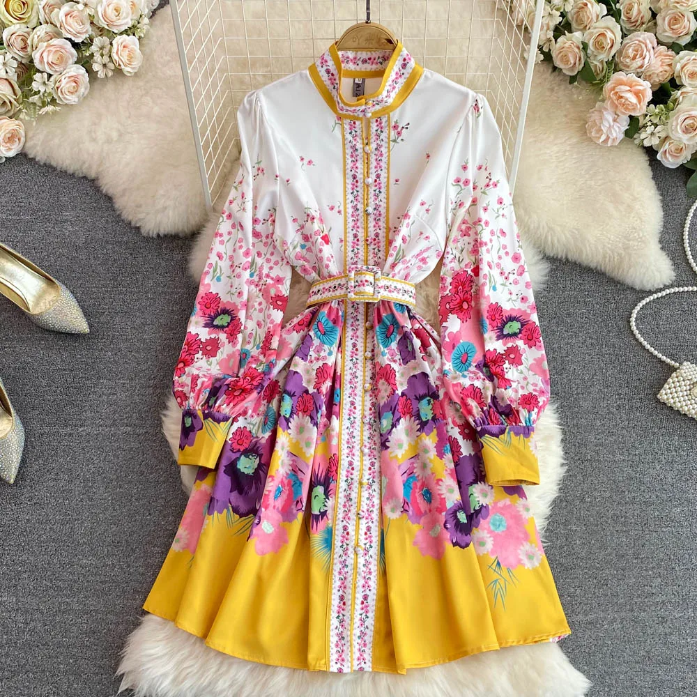 European and American Retro Temperament Stand-up Collar Bubble Long-sleeved Waist Single-row Multi-button Positioning Printing A