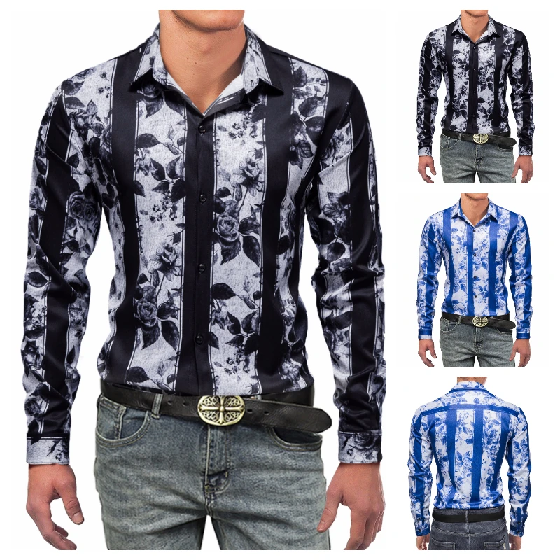 

Autumn New Men's Classic Daily Business Wind Drape Slim Casual Long-sleeved Shirt Vertical Stripes Large Flower Print Tops