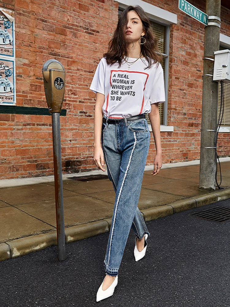 [EAM] женские джинсы с высокой талией и контрастной строчкой синие стильные брюки