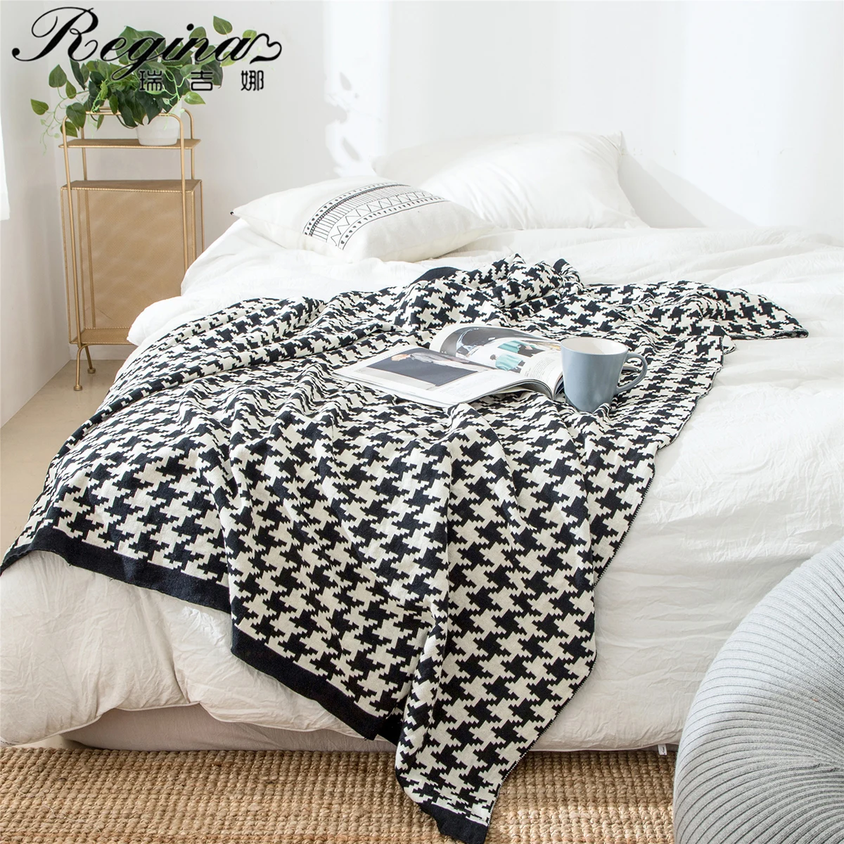 REGINA Classic Houndstooth Plaid Blankets Soft Cotton Sofa Knitted Throw Blanket Bed Single Queen King Bedspread Quilt Blankets