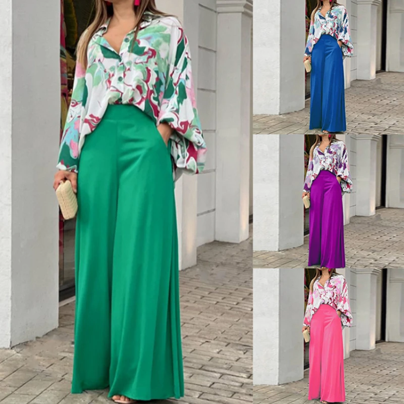 

Women's Print Two Pieces Set 2023 Casual Large High Waist Polo Shirt Wide Leg Pants 2 Piece Set Ladies New European Loose Suit