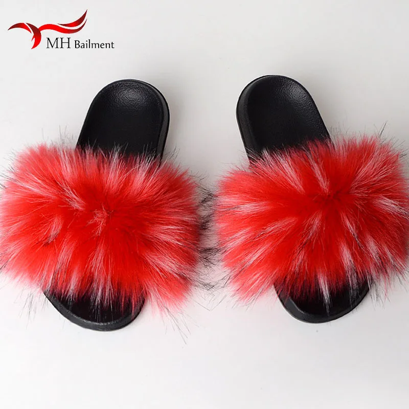 Women Summer New Artificial Fox Fur Slippers Indoor Home Furry Cute Faux Raccoon Fur Non-slip Home Shoes Outdoor Beach Sandals
