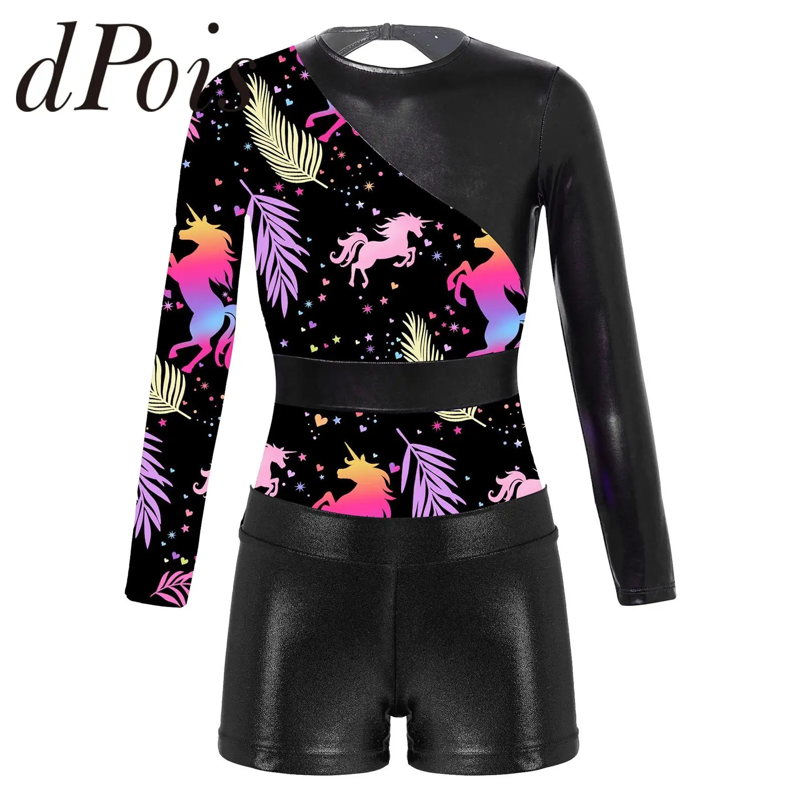 

Children Ballet Outfit Kids Girls Long Sleeve Printed Leotard with Shorts for Dance Workout Sports Skating Gymnastic Jumpsuit