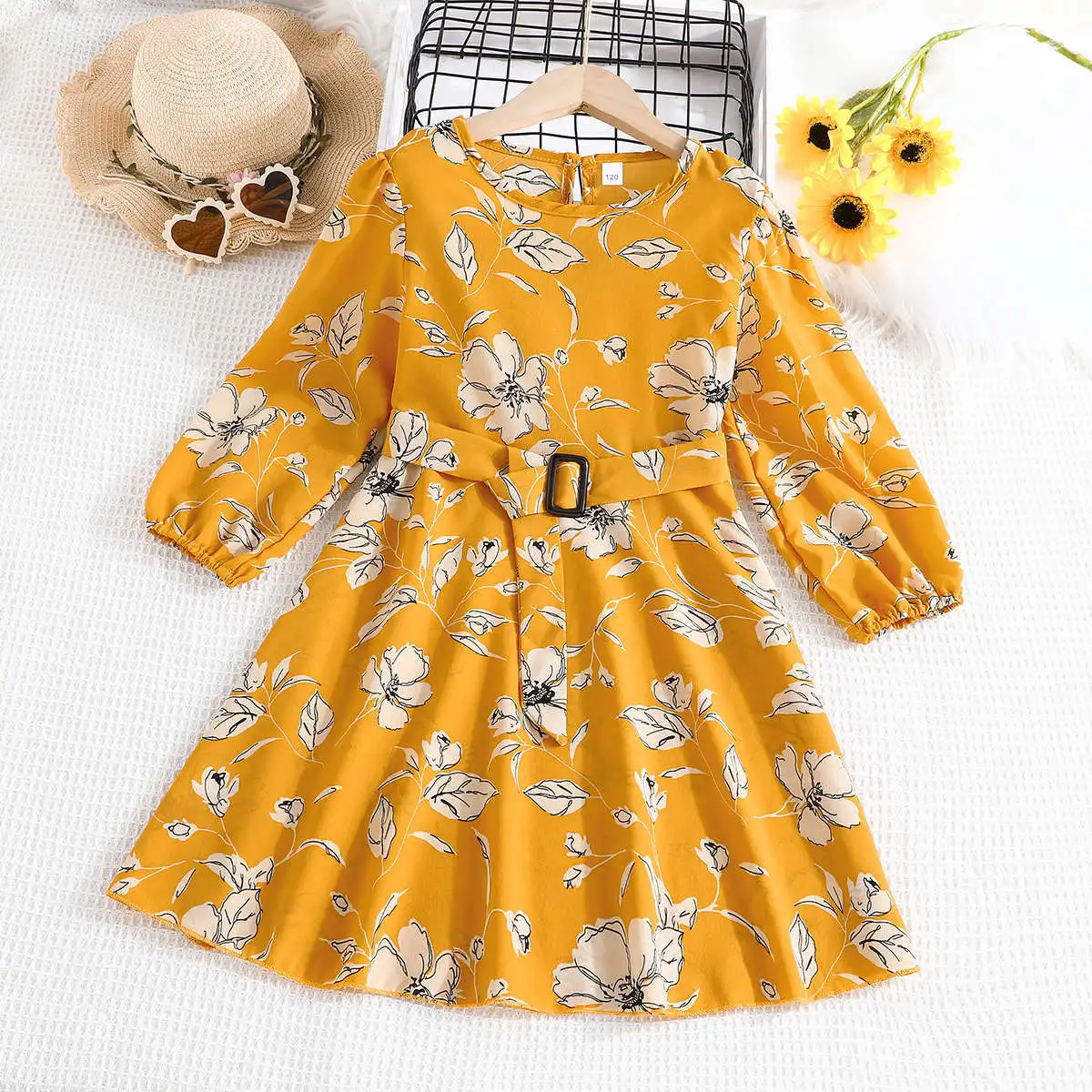 

Korean Version of Simple Girl's Belt A-line Skirt Spring&Autumn New Big Children Floral Printed Long-sleeved Dress Girls Dress