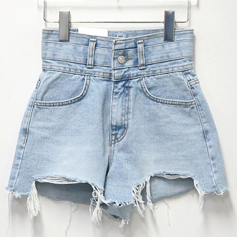 Women's Slim High Waist Sexy Hole Burrs Mini Denim Shorts 2023 Korean Summer Solid Color Tassel Shorts Female Casual Streetwear