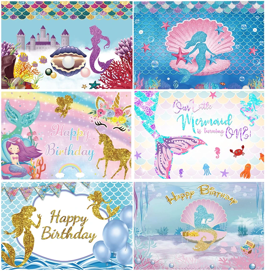 

Disney Little Mermaid Theme Happy Birthday Ocean Castle Shell Fish Backdrops Newborn Photography Portrait Backgrounds Photocall