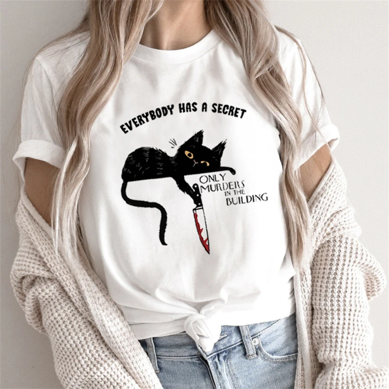 

Womens T-shirt Cute Black Cat Funny Cartoon Tshirt Harajuku Graphic Shirts 90s Print T shirt Fashion Aesthetic Tops Tee Female