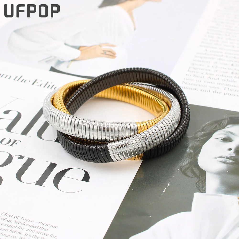 

Unique Mix-Colored Stainless Steel Elastic Bangle 2023 Trendy Twist Gold Plated Bracelet for Hip Hop